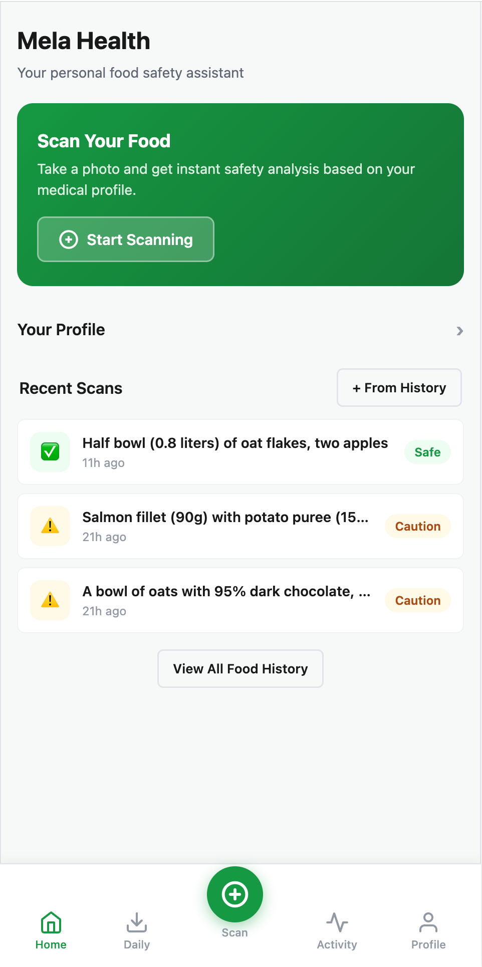 Home screen with food scanning