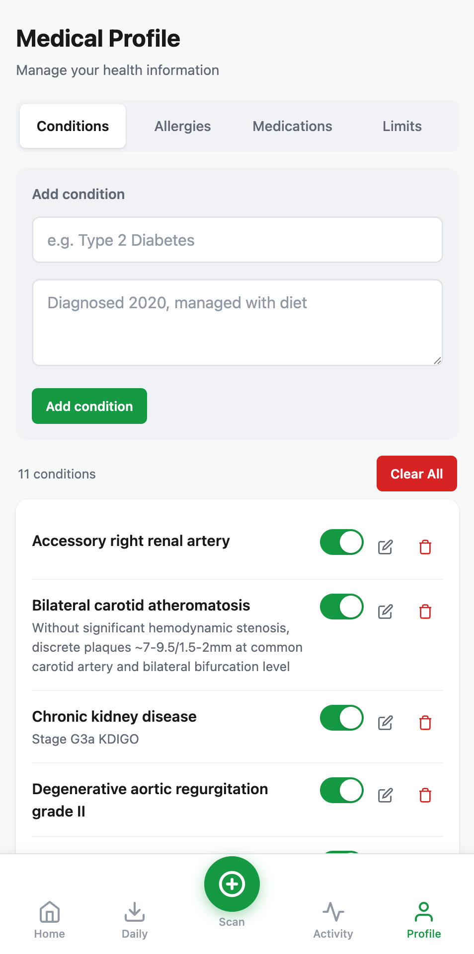 Medical Profile screen