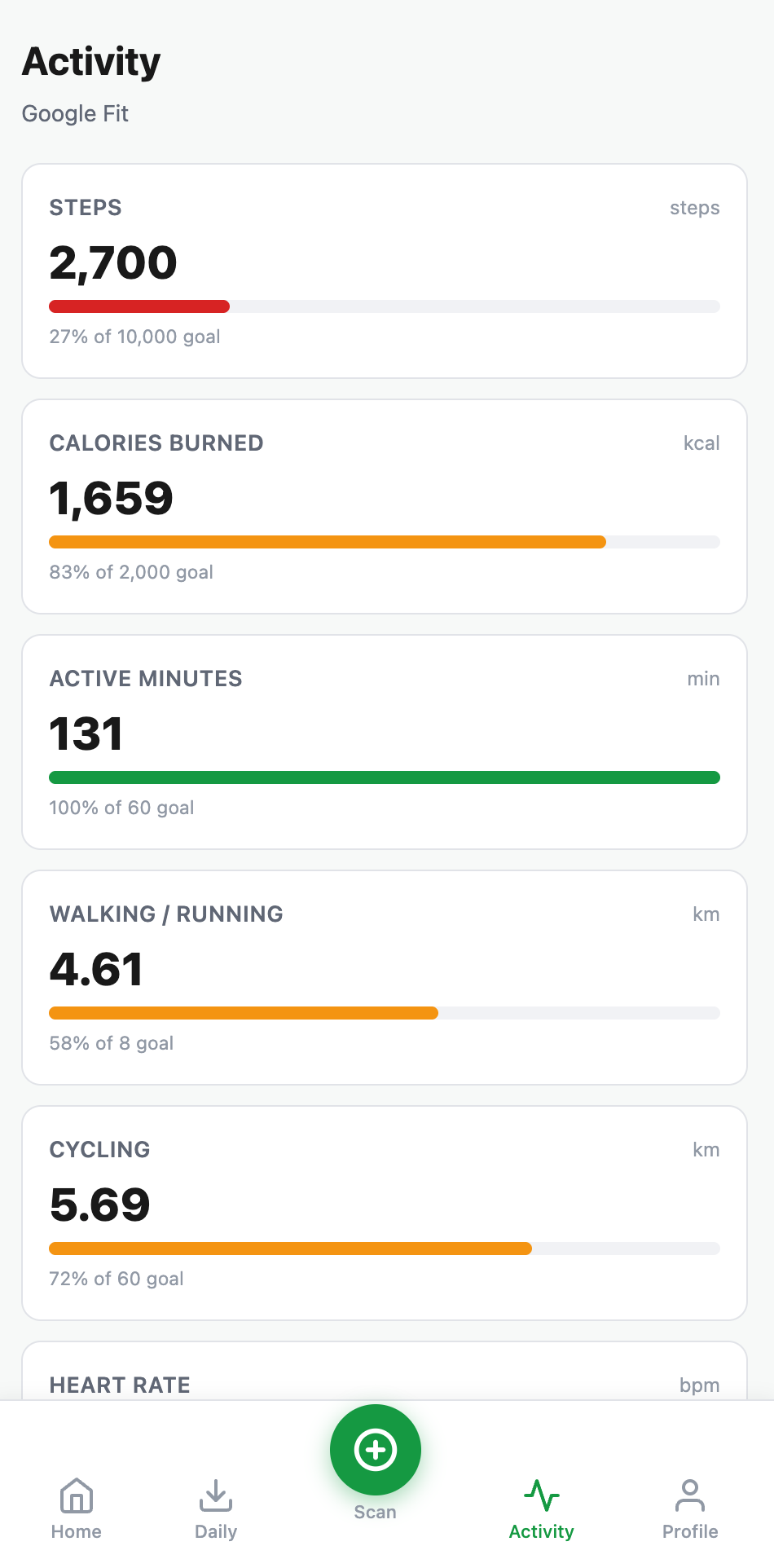 Google Fit activity screen